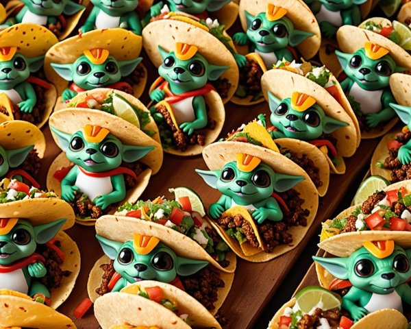 Colorful Tacos with Whimsical Creature Decorations