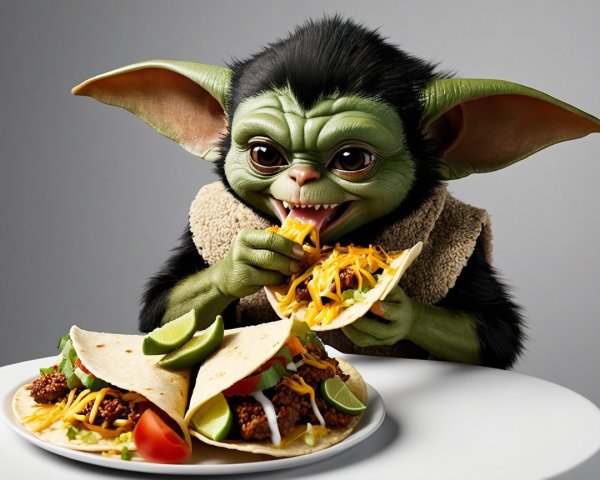 Whimsical Creature Enjoying Tacos at a Table