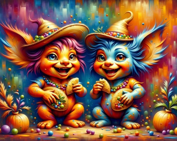Whimsical Colorful Creatures with Tacos and Decorations