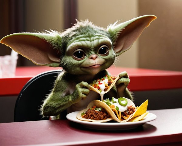 Cute green creature with tacos in a cozy setting