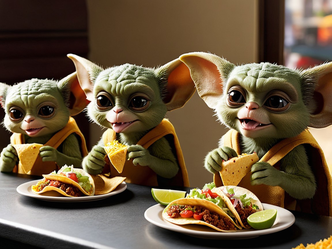 Small green creatures enjoying tacos at a table