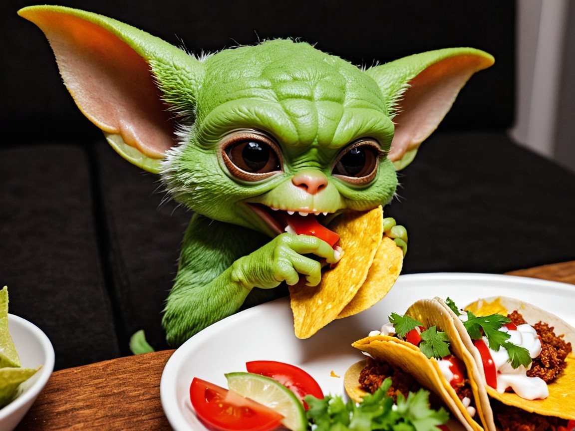 Large-eyed creature enjoying a taco in cozy setting