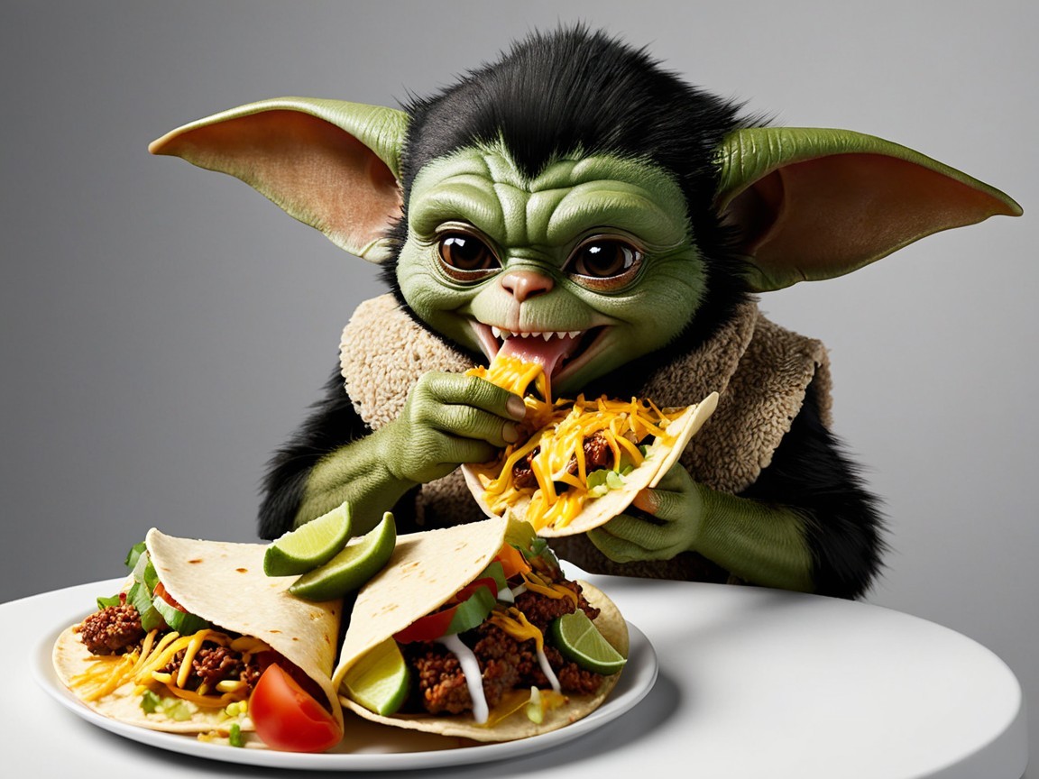 Whimsical Creature Enjoying Tacos at a Table