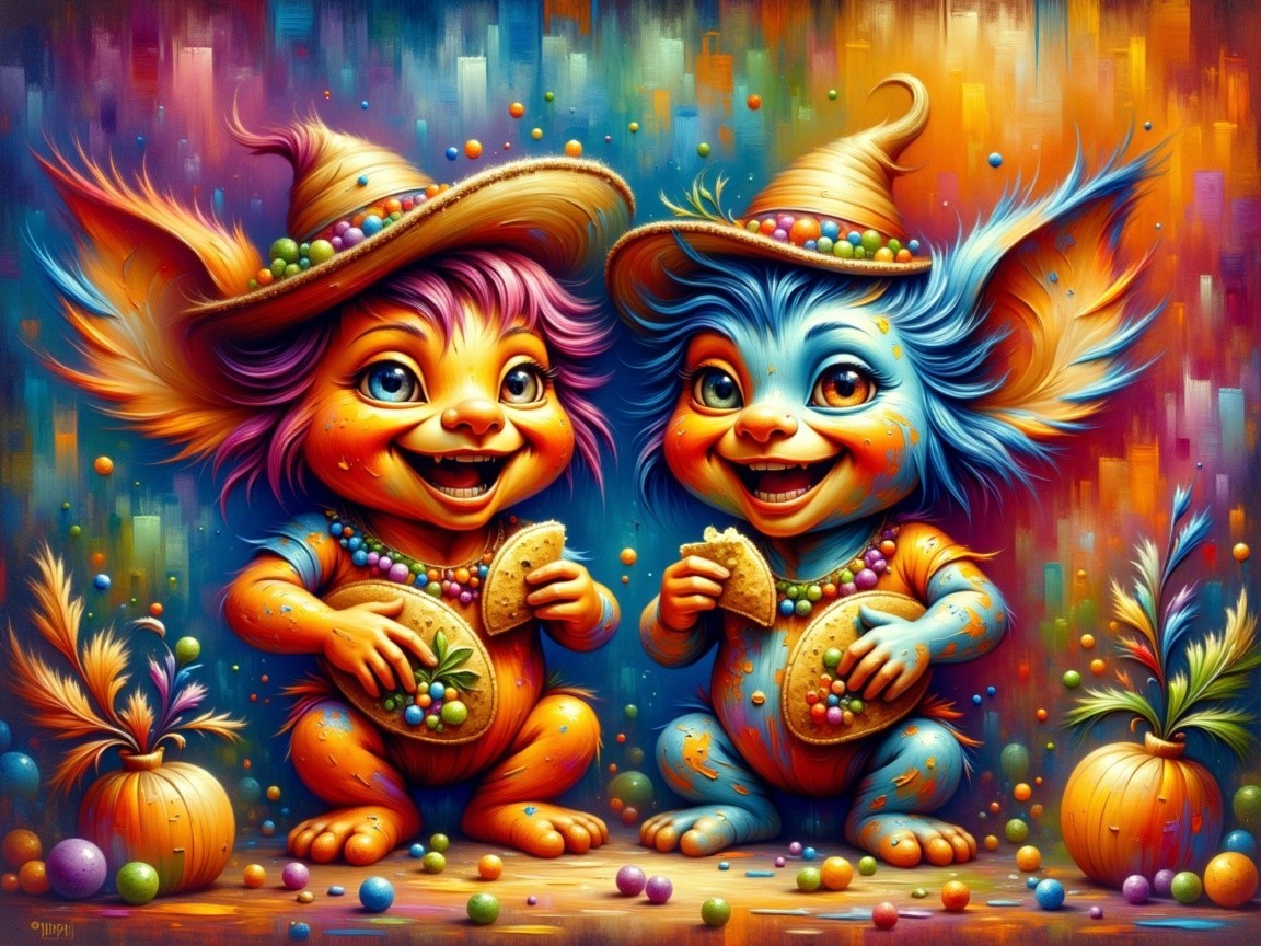 Whimsical Colorful Creatures with Tacos and Decorations