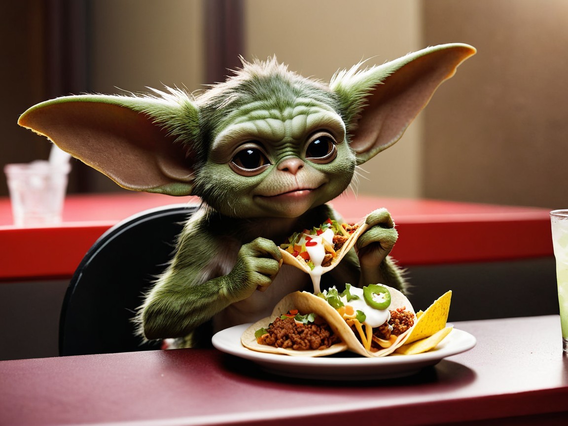 Cute green creature with tacos in a cozy setting