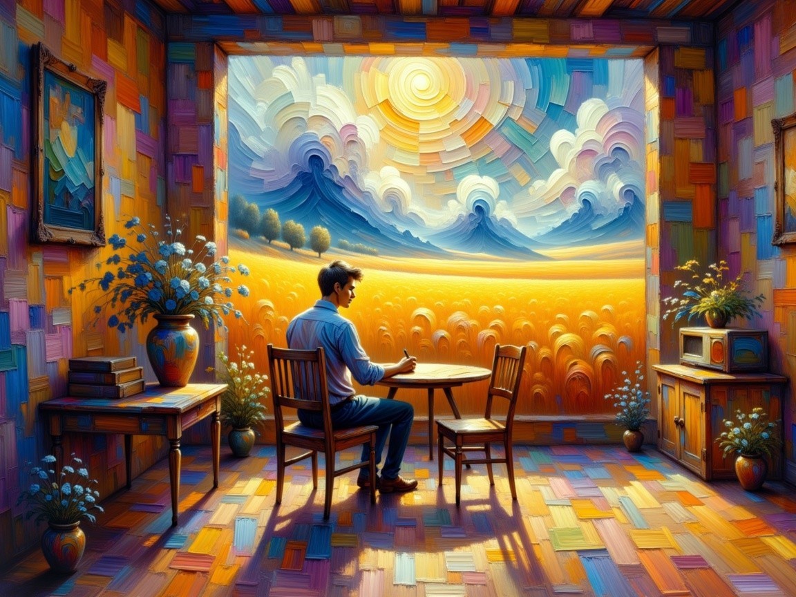 Man at Table in Colorful Room with Mural and Flowers