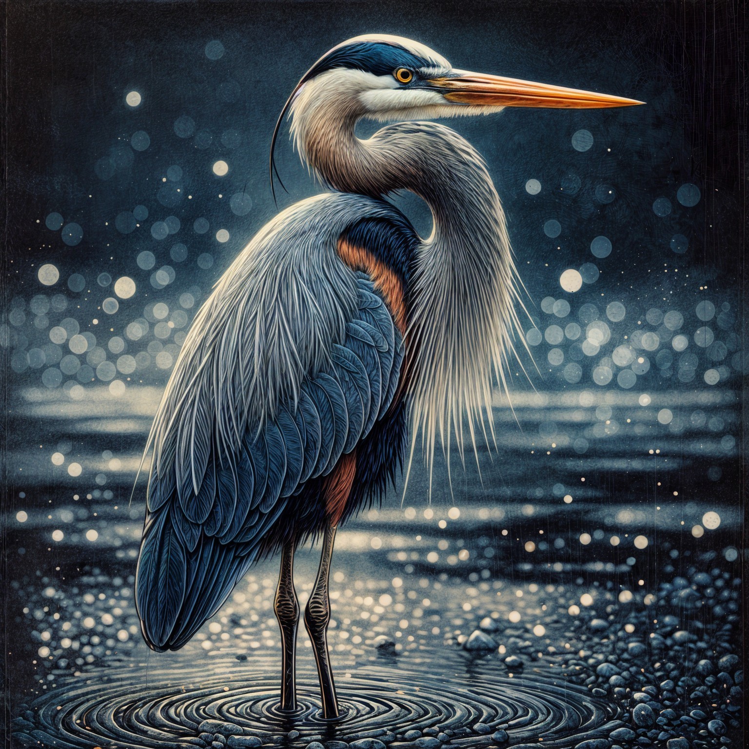 Heron in Shallow Water with Elegant Plumage Details