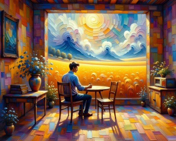 Man at Table in Colorful Room with Mural and Flowers