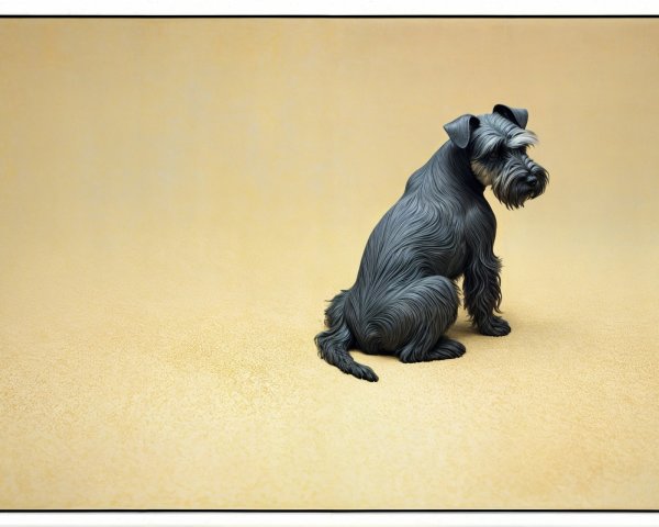 Stylized black dog with white beard on yellow backdrop