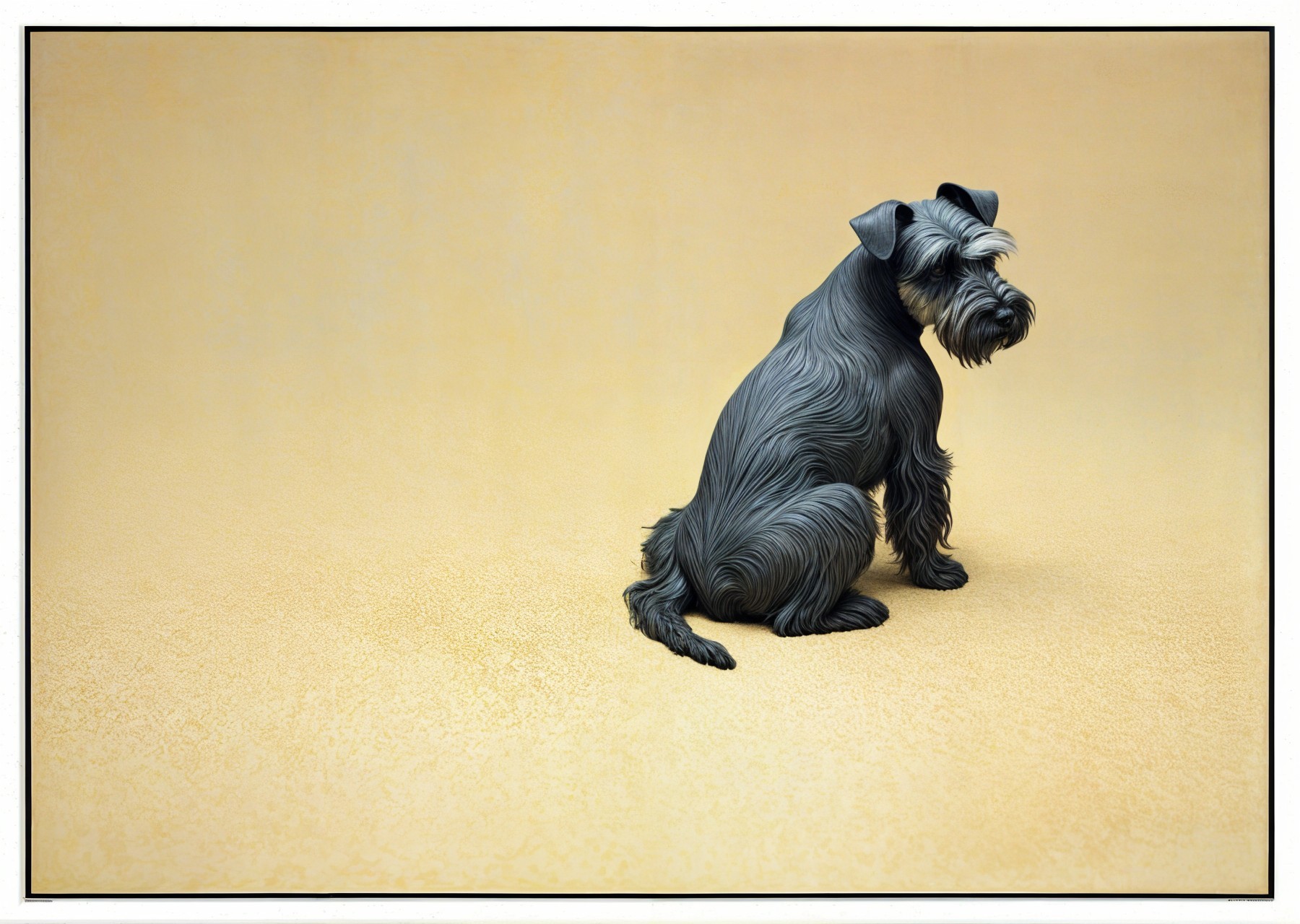 Stylized black dog with white beard on yellow backdrop