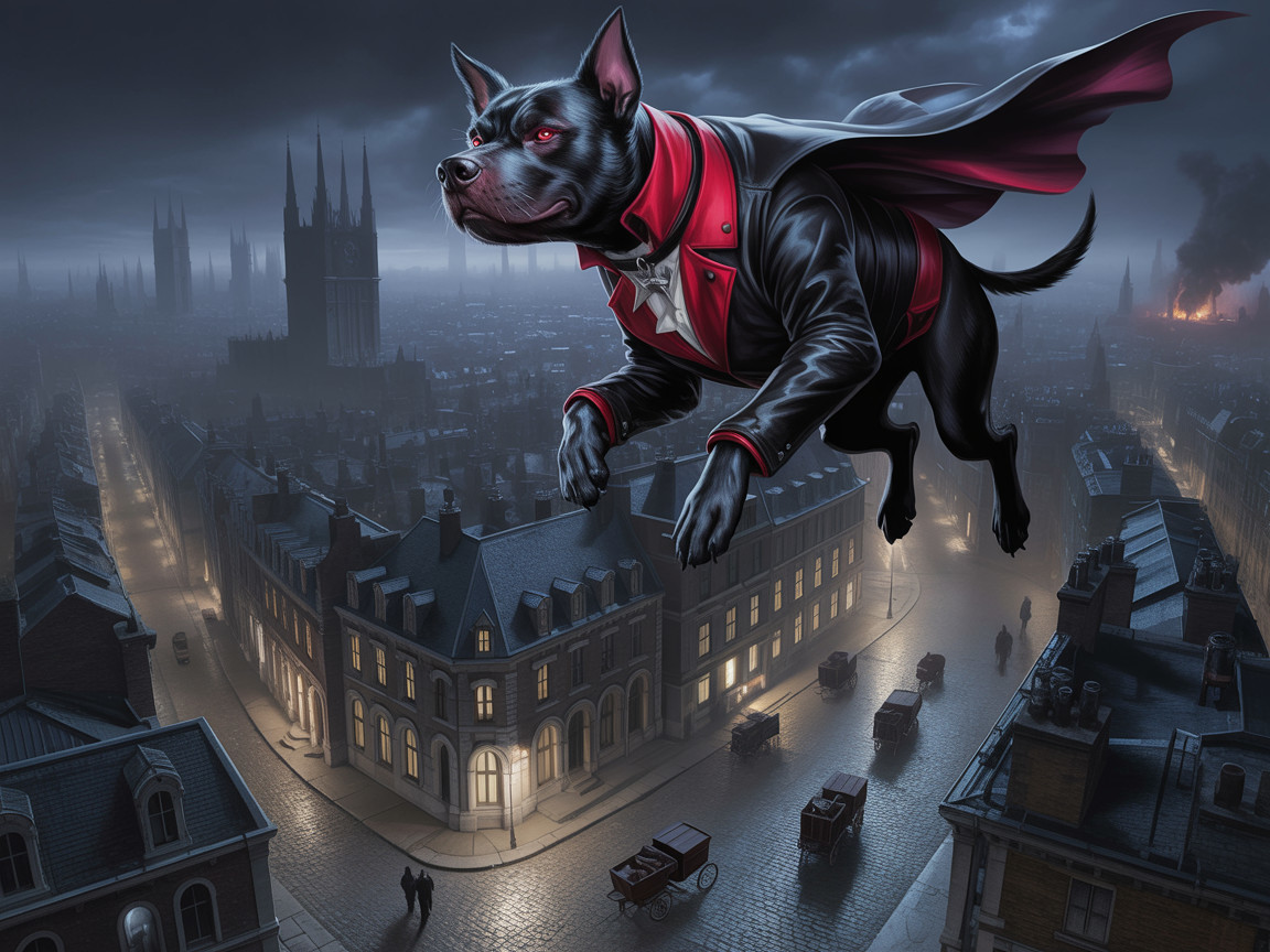 Heroic Dog Vampire Over Gothic Cityscape at Night