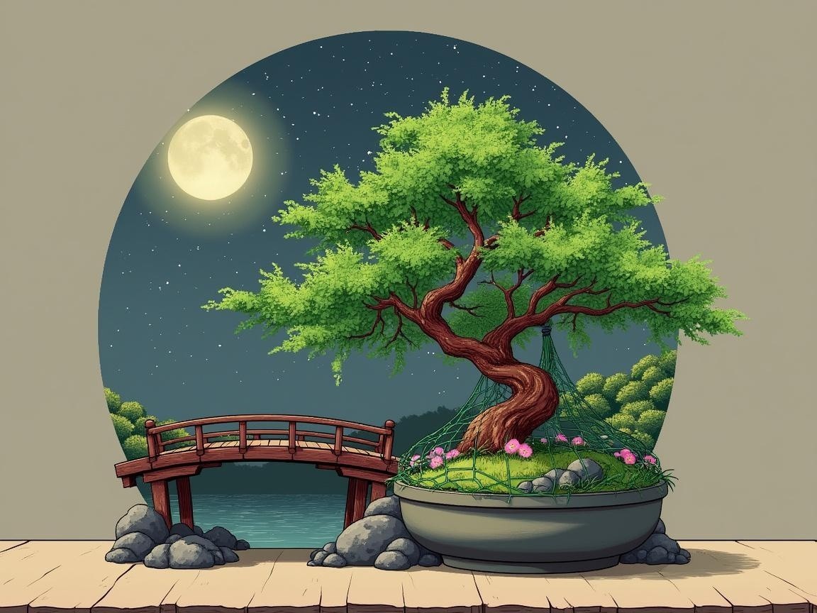 Vibrant Bonsai Tree with Moonlit Water Reflection