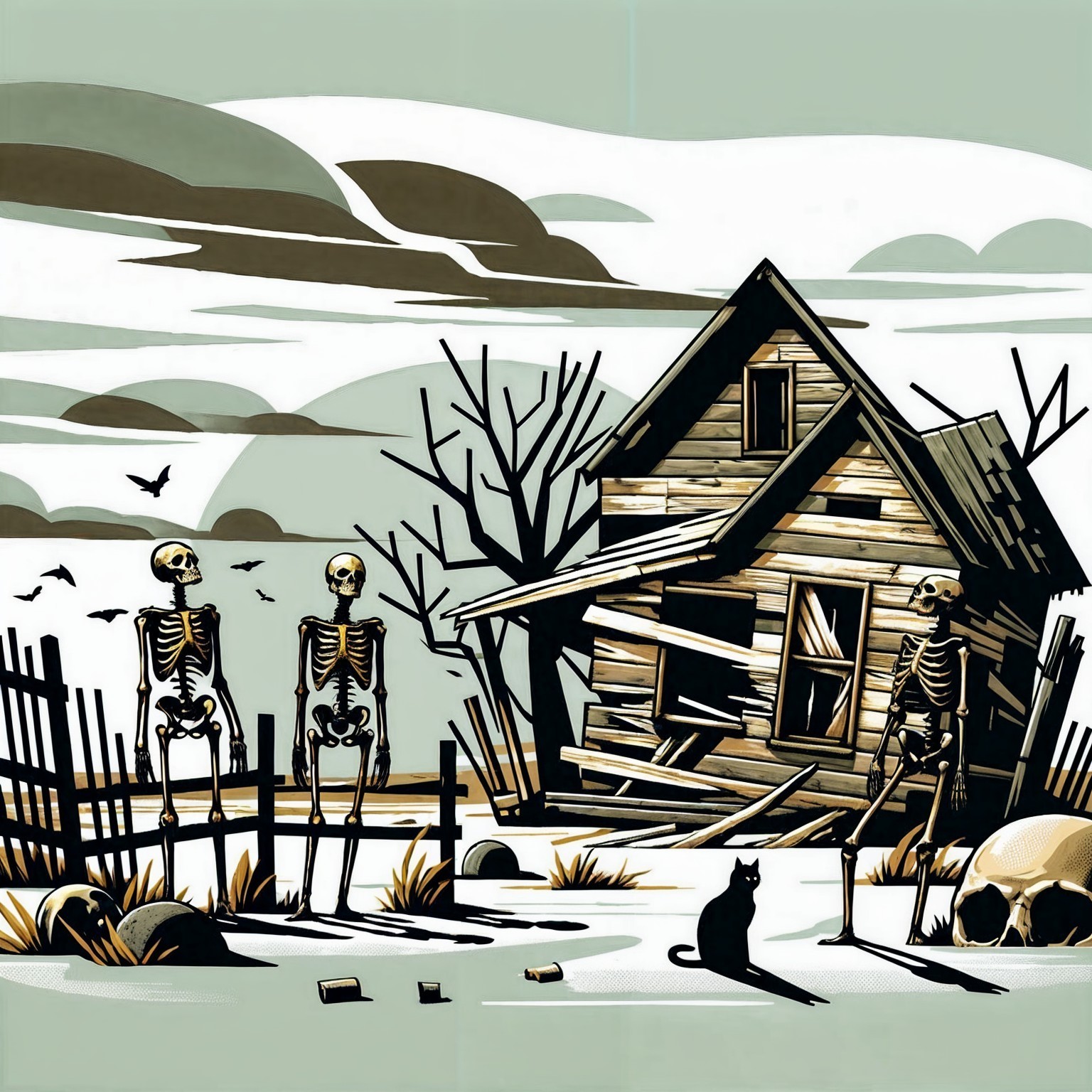 Desolate landscape with dilapidated house and skeletons