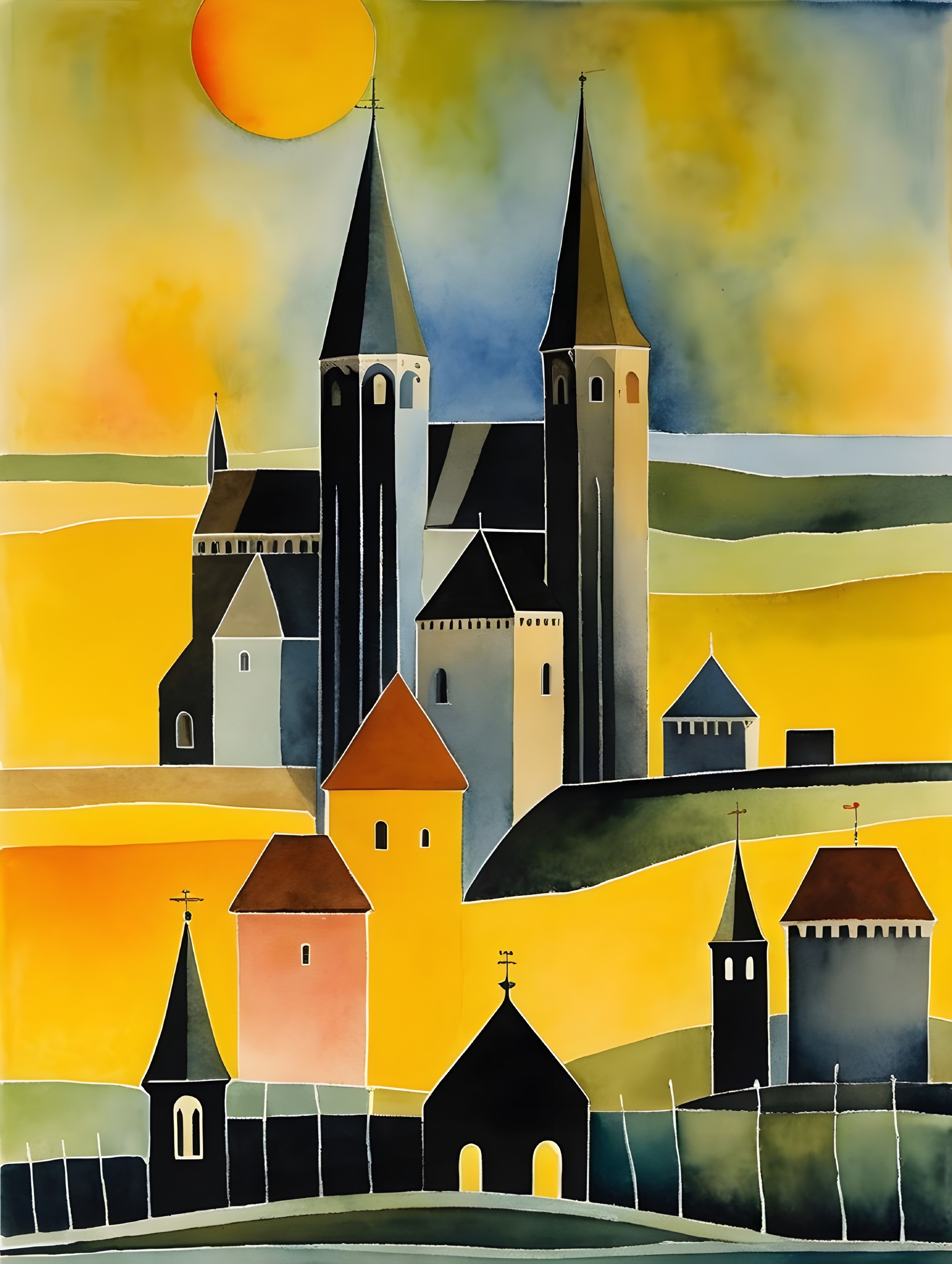 Vibrant Landscape with Colorful Buildings and Spires