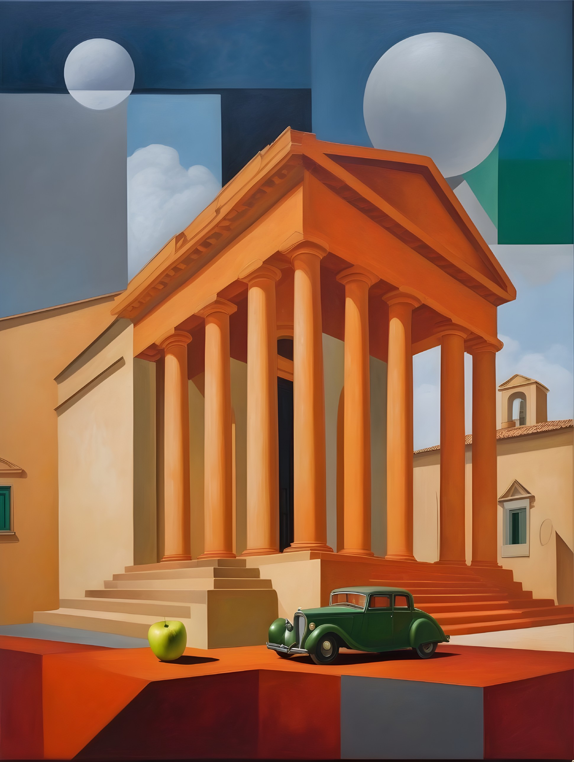 Surrealistic Landscape with Orange Temple and Vintage Car