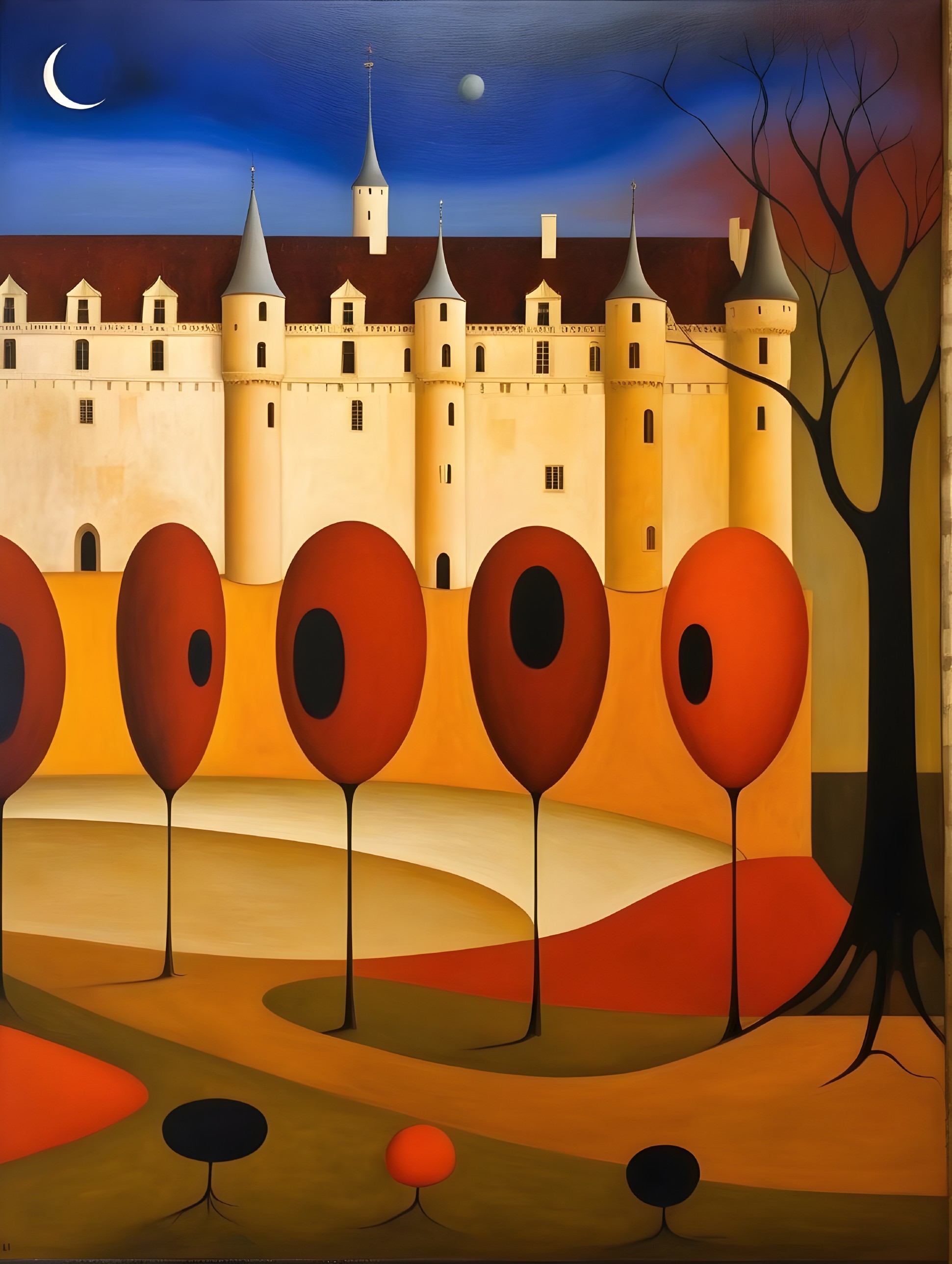 Whimsical castle at twilight with stylized trees