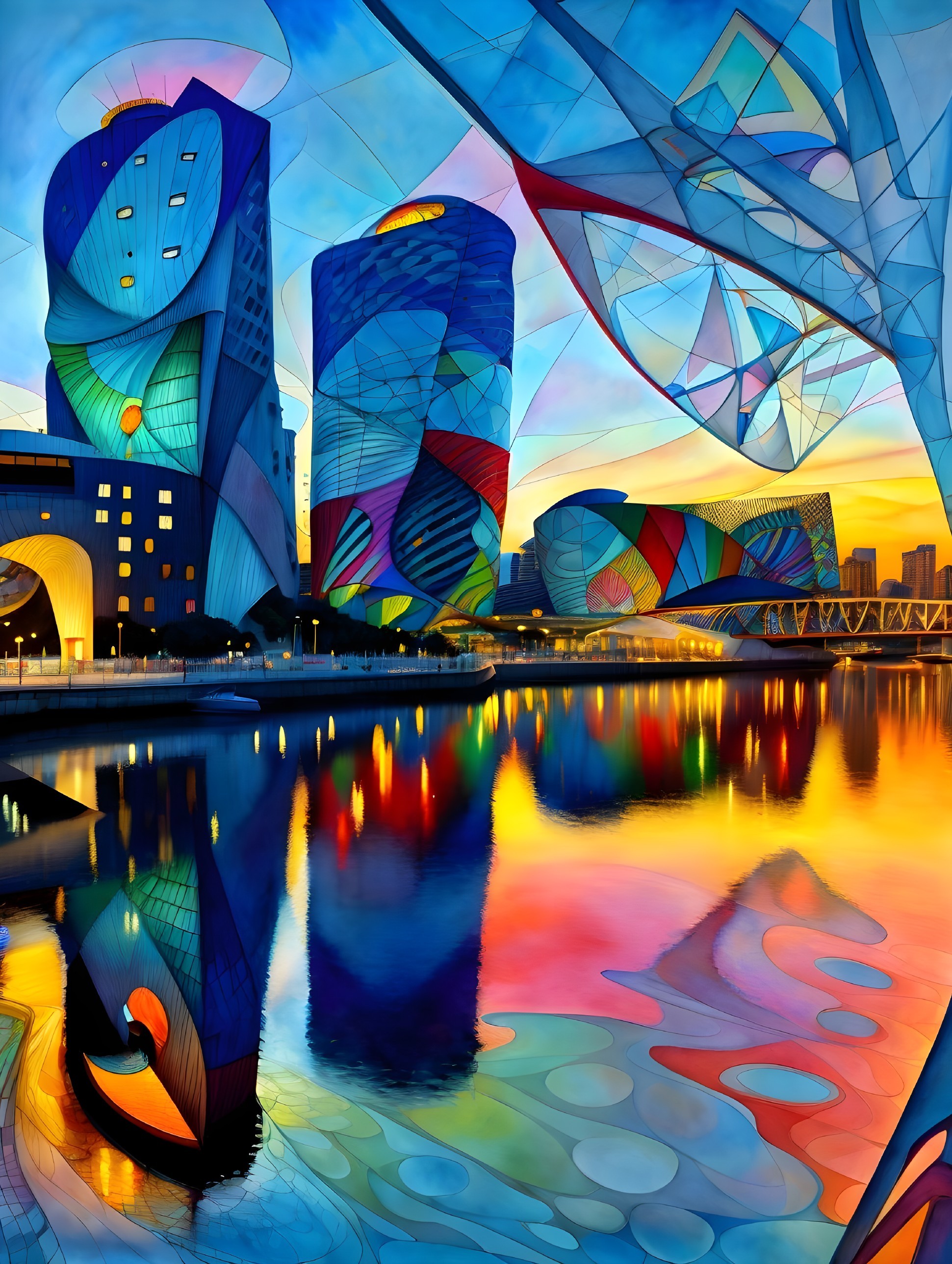 Vibrant Cityscape at Sunset with Abstract Skyscrapers