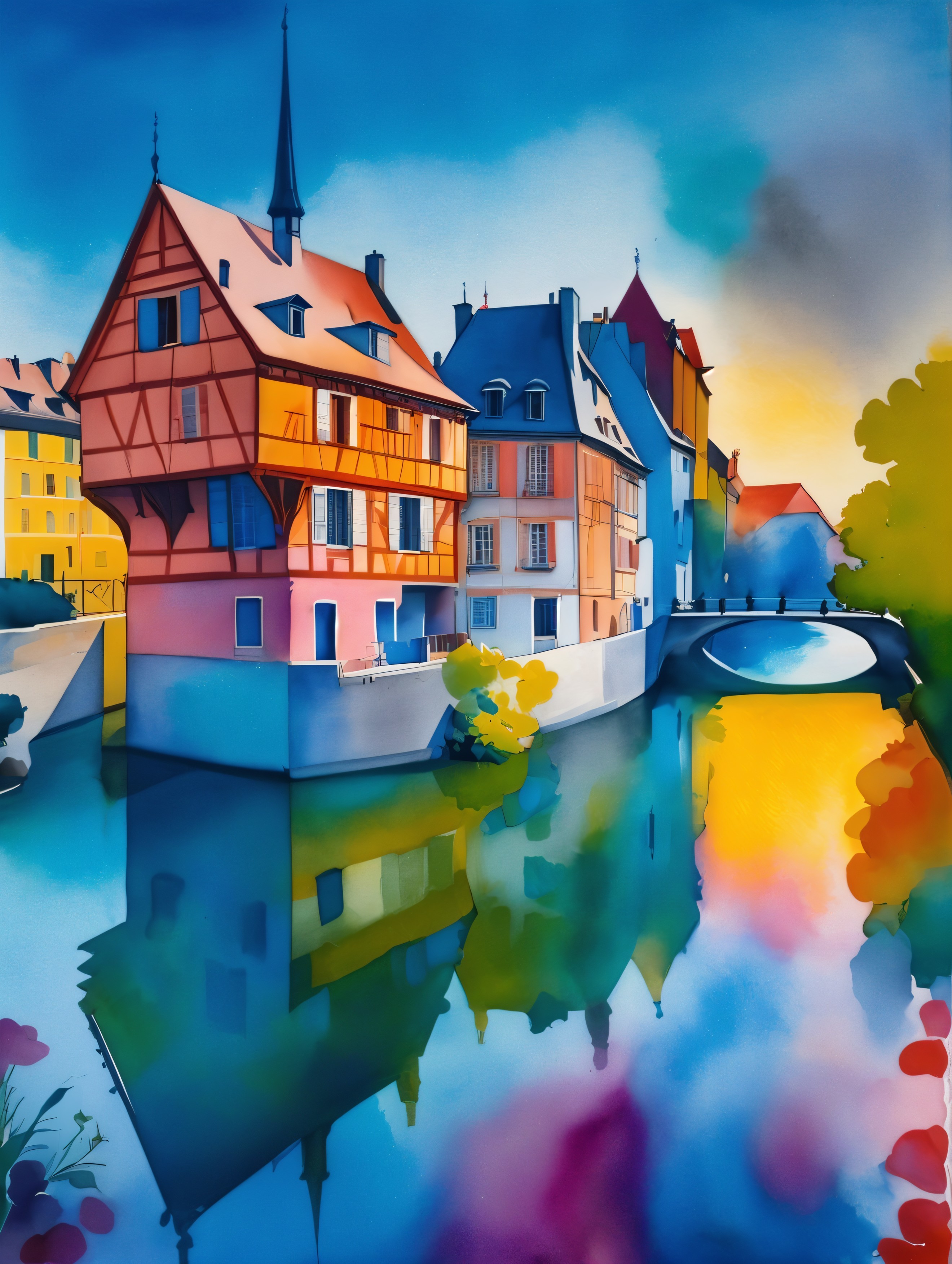 Watercolor Scene of Colorful Canal Buildings at Sunset