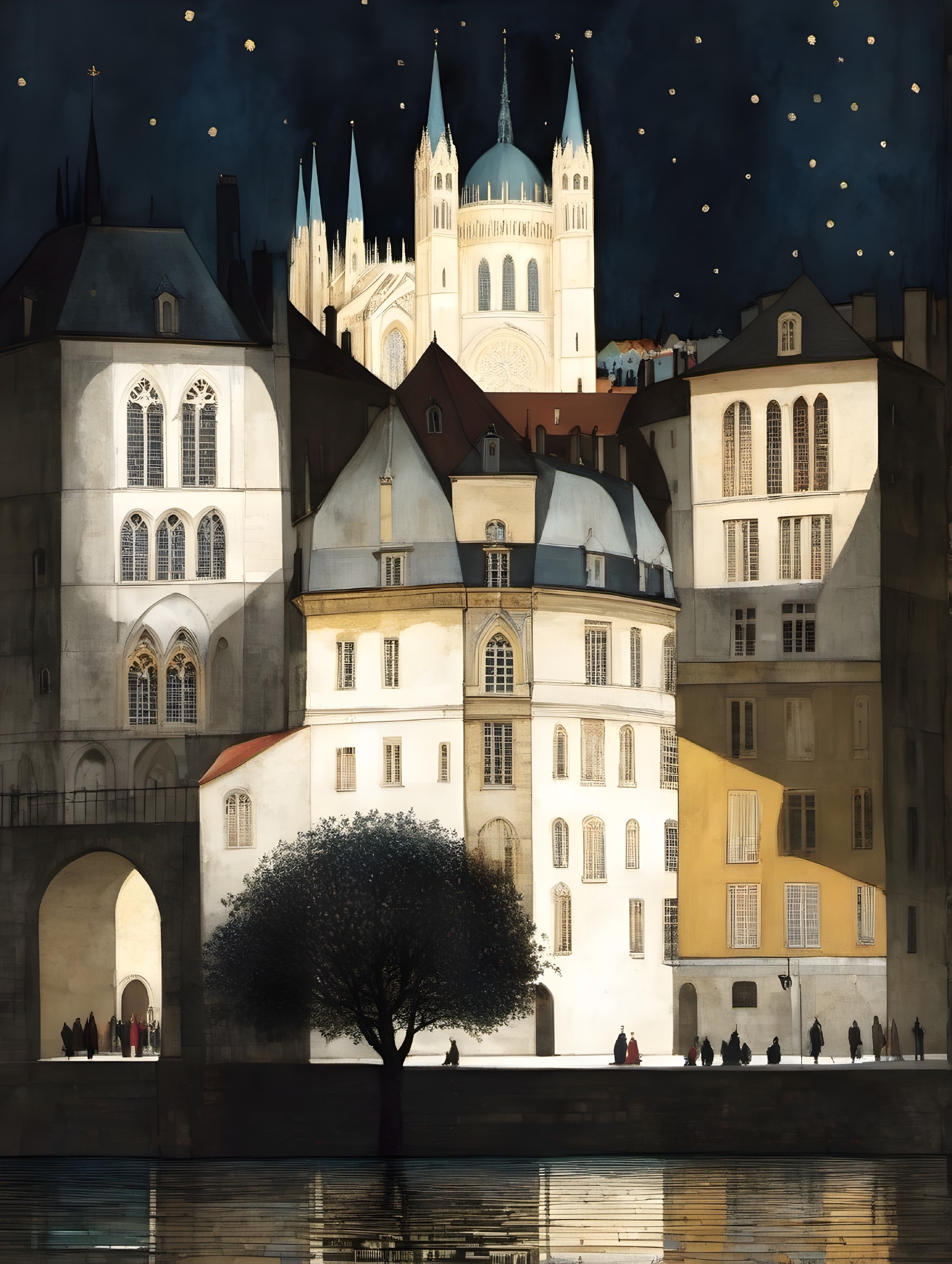 Historic Buildings Under Starry Night Sky Reflection