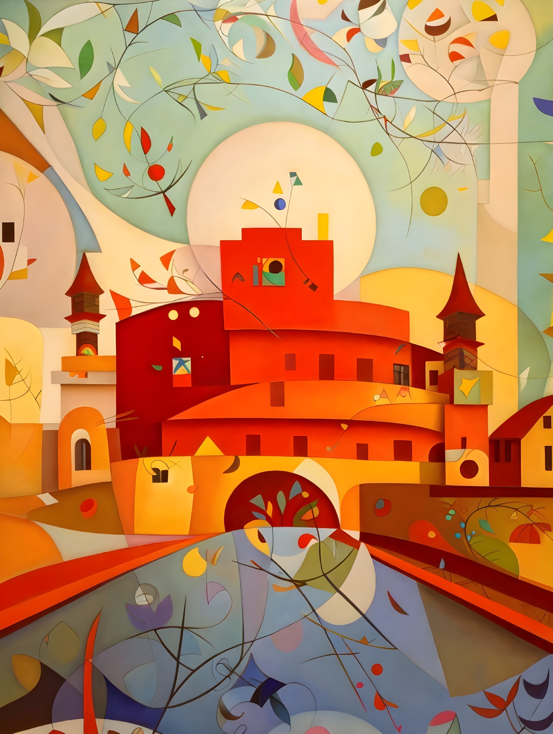 Abstract Landscape with Warm Hues and Whimsical Cityscape