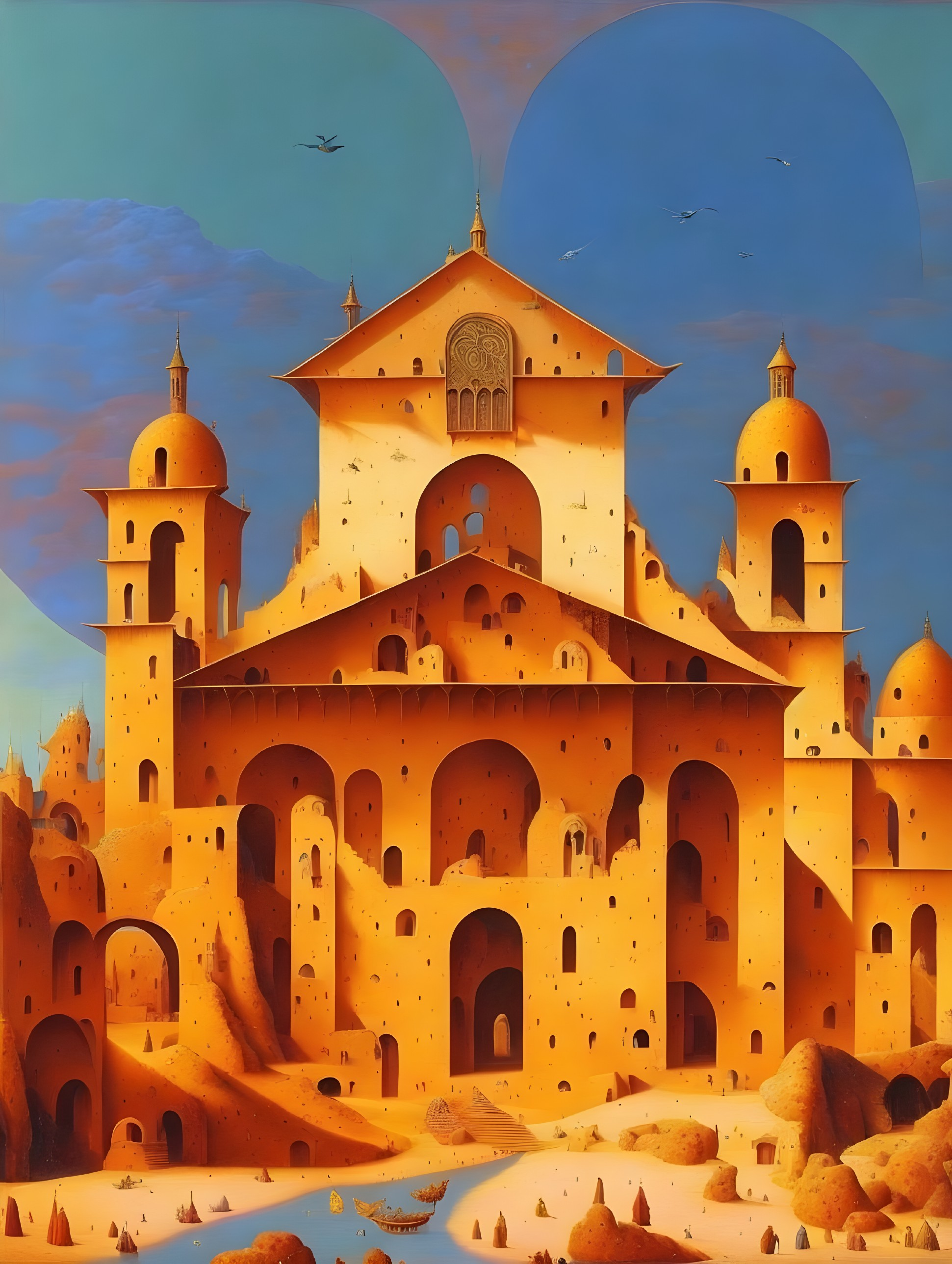 Surreal Warm-Toned Castle Painting with Arches and Towers