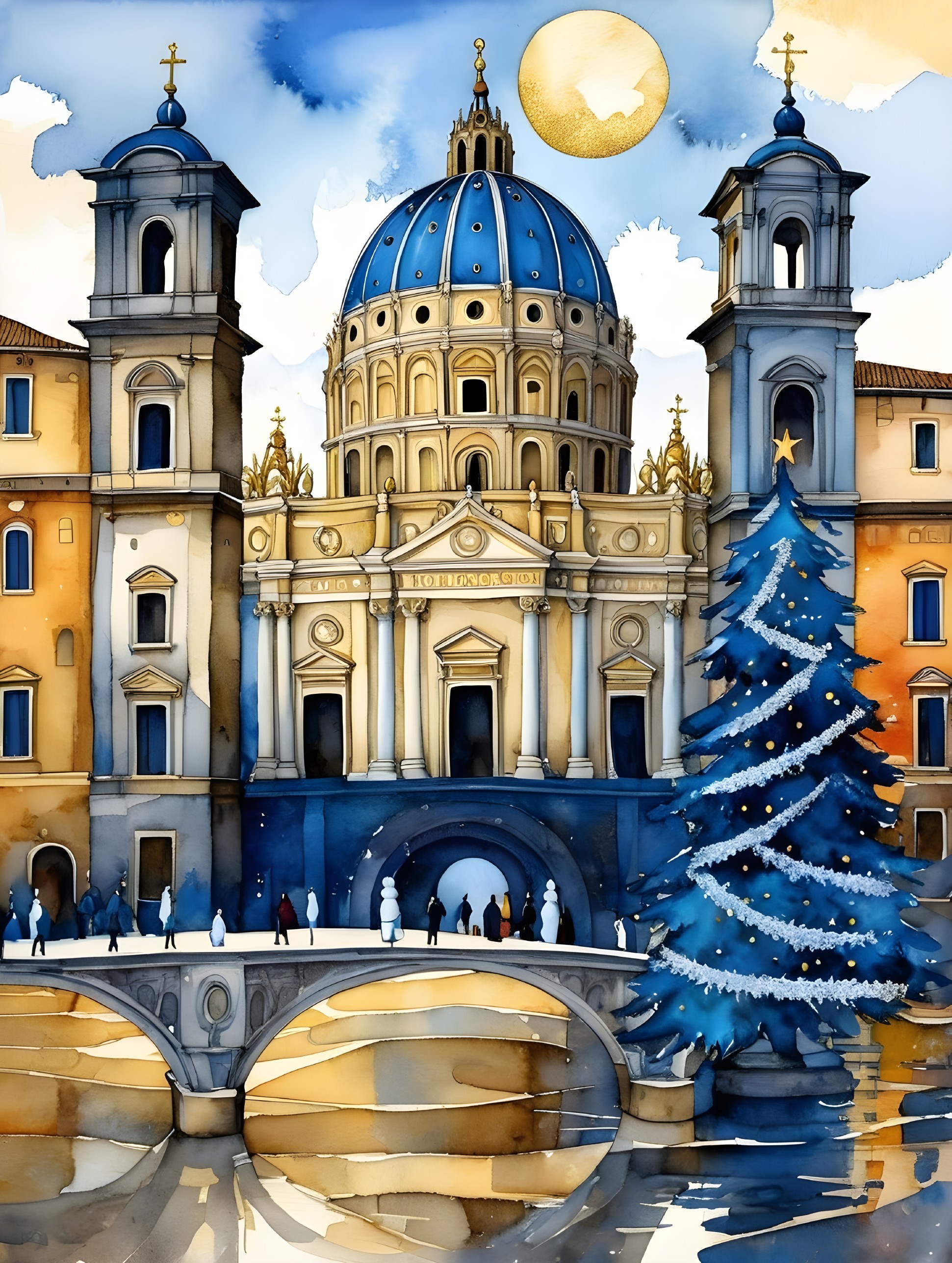 Winter Scene with Grand Building and Christmas Tree