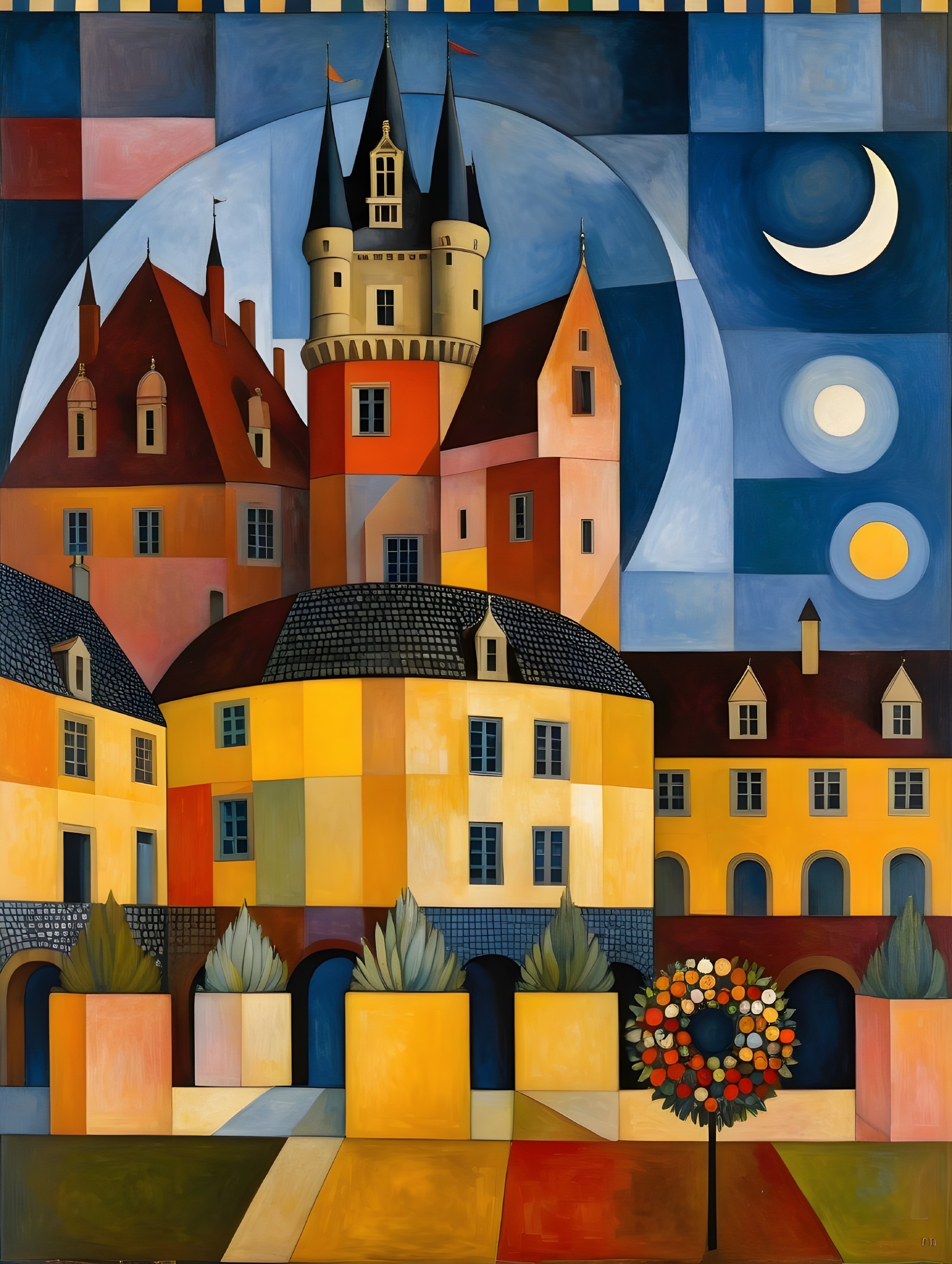 Geometric Painting of a Whimsical Castle Scene