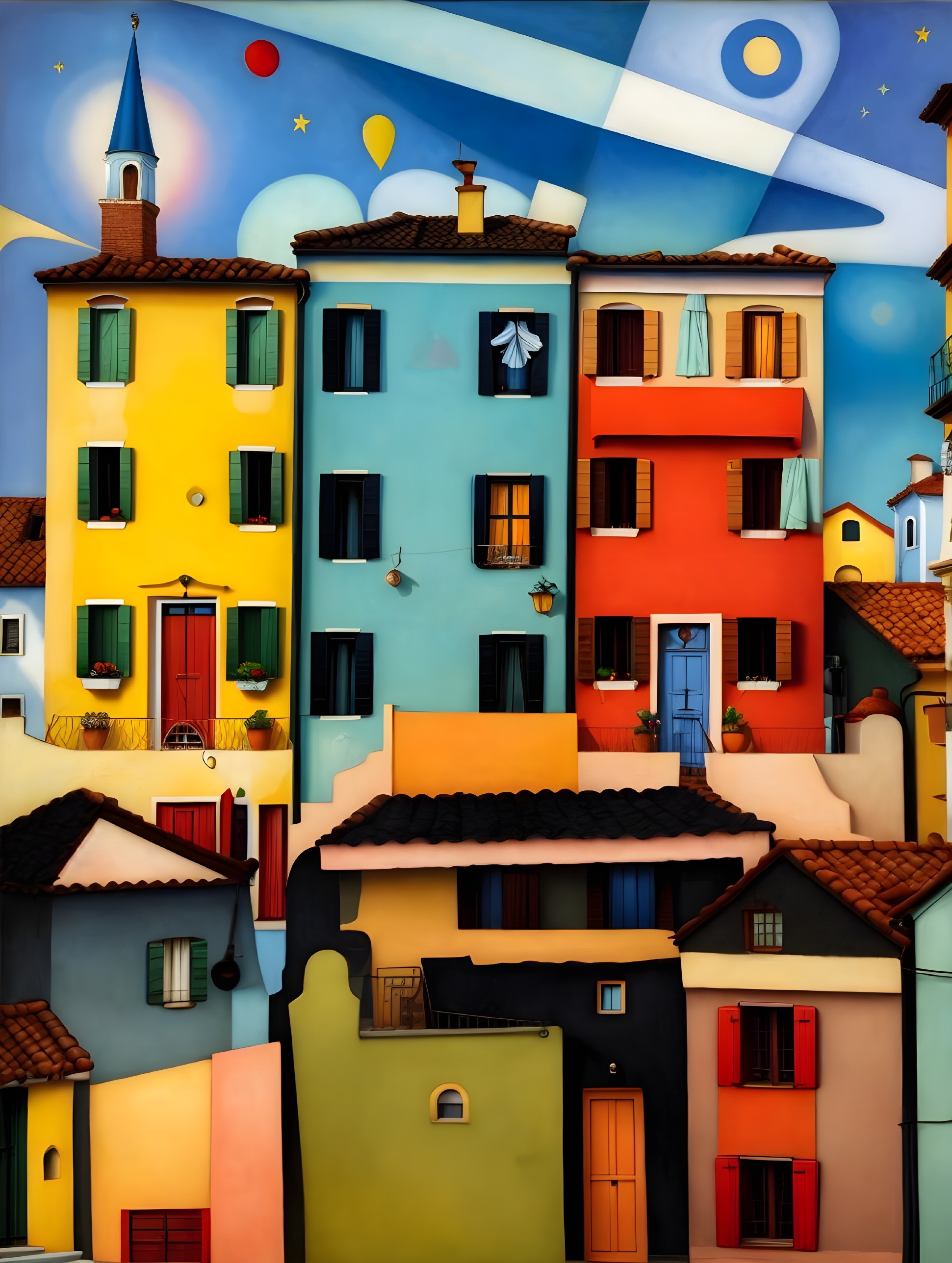 Colorful Neighborhood with Whimsical Sky Elements