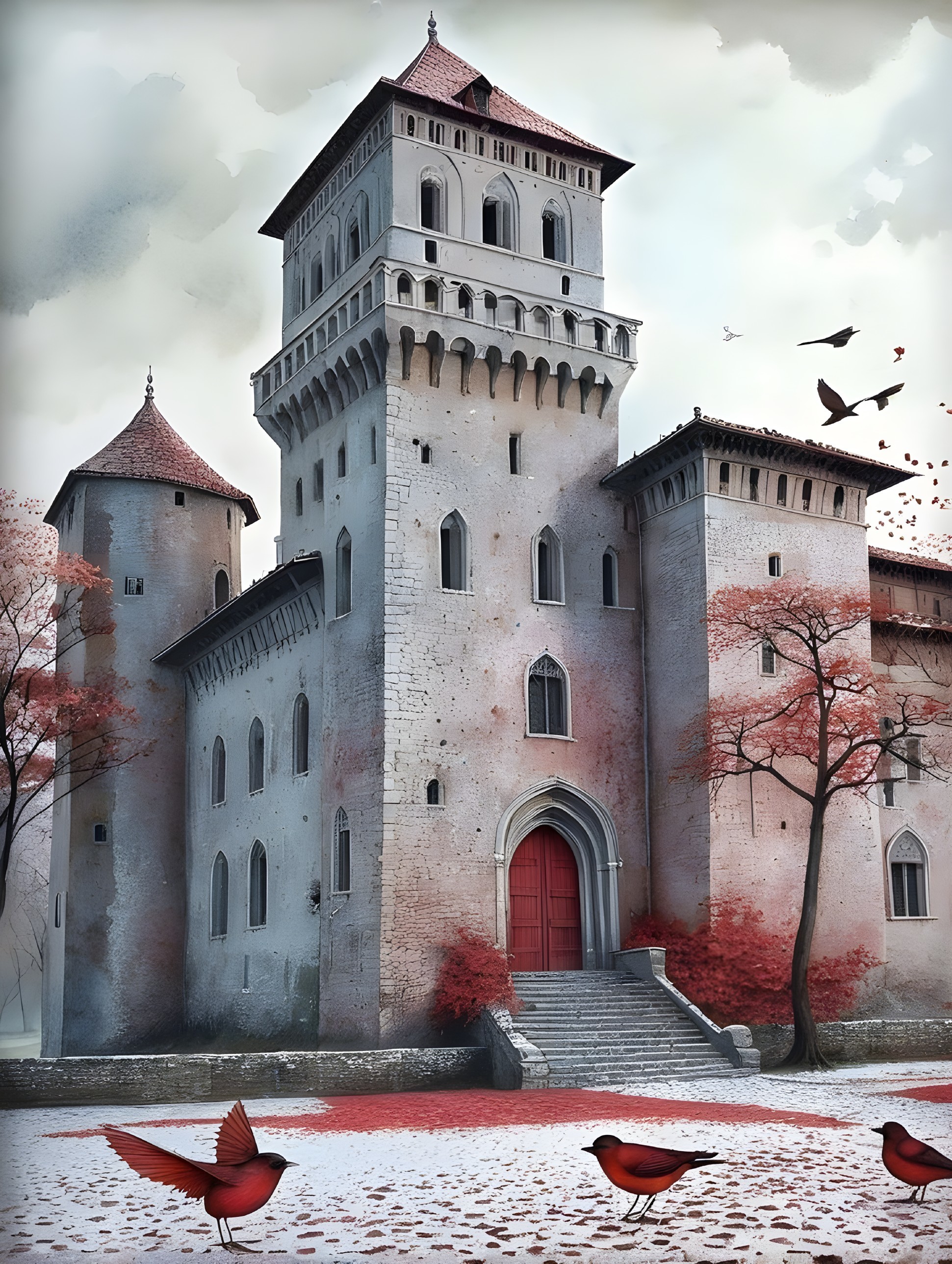 Majestic castle with gothic architecture in misty landscape