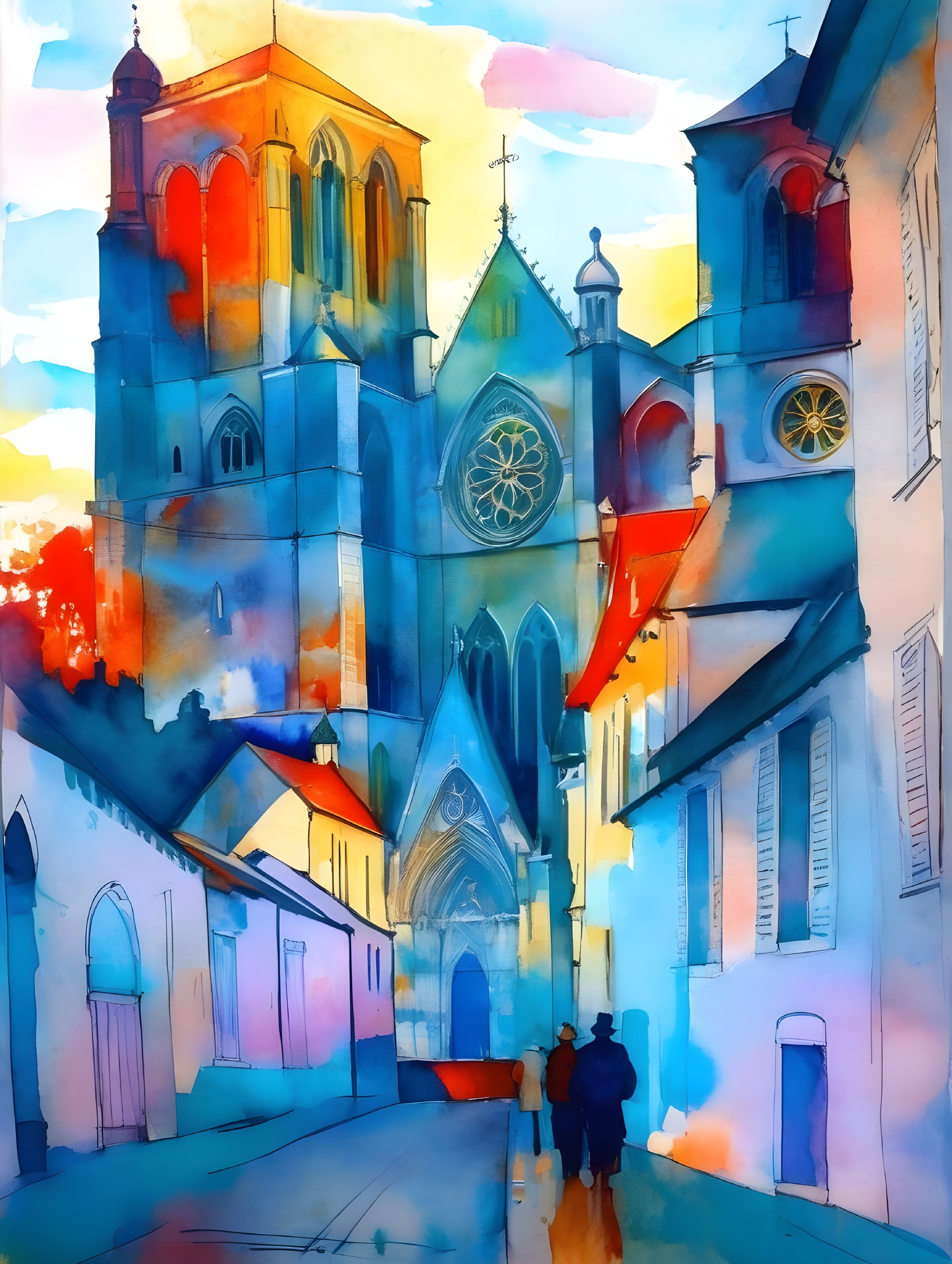 Vibrant Watercolor of a Colorful Street Scene