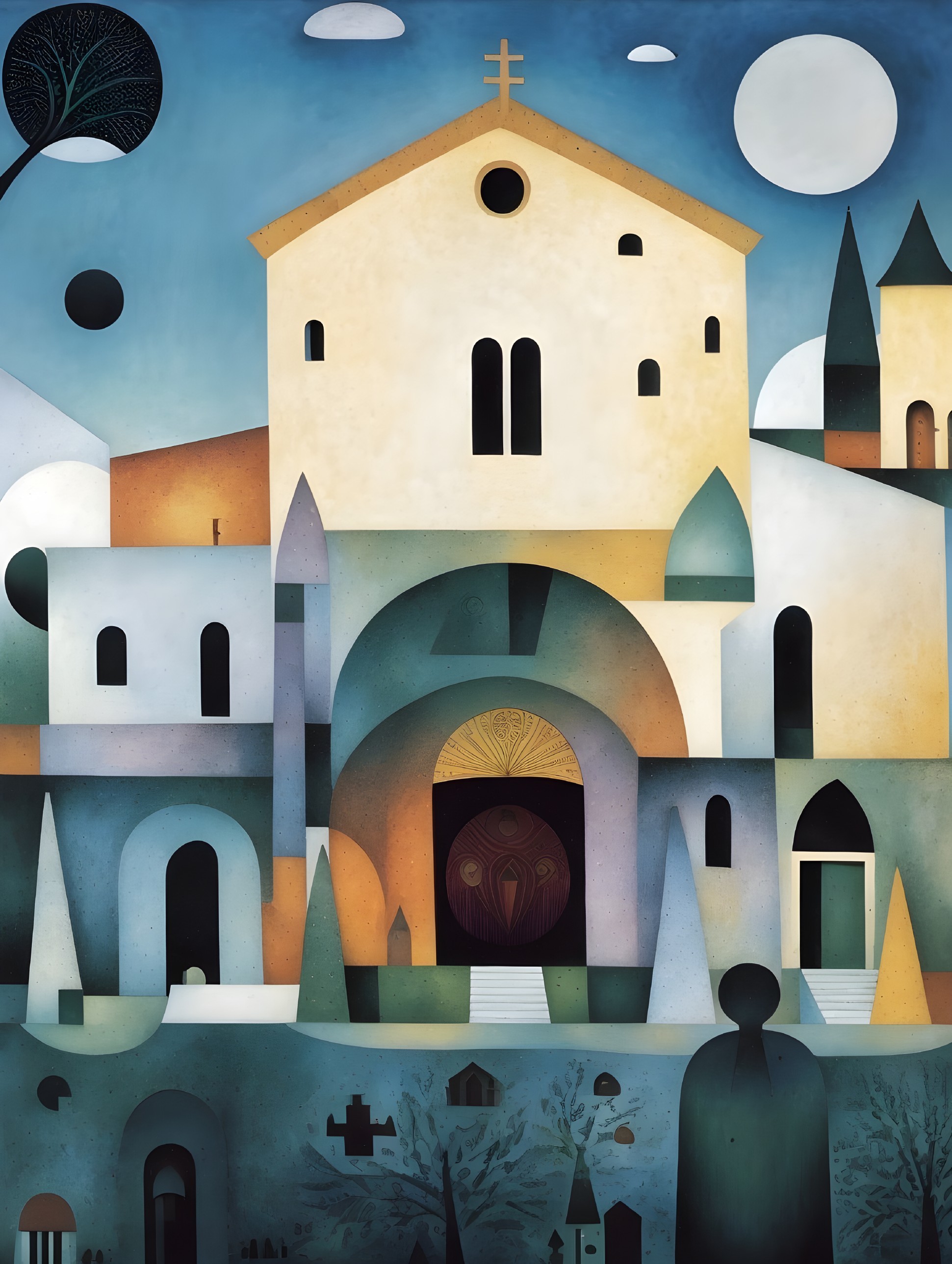 Abstract Landscape with Golden Cross and Geometric Shapes