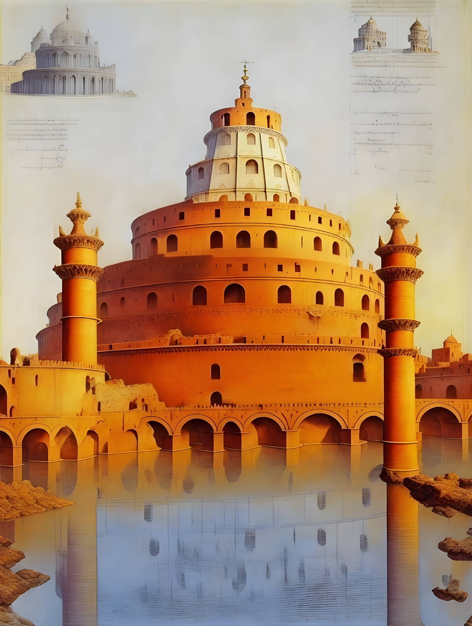 Grand Spiral Edifice Surrounded by Reflective Waters