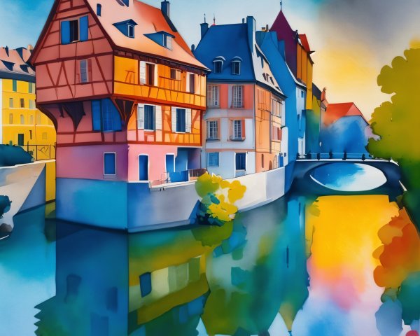 Watercolor Scene of Colorful Canal Buildings at Sunset