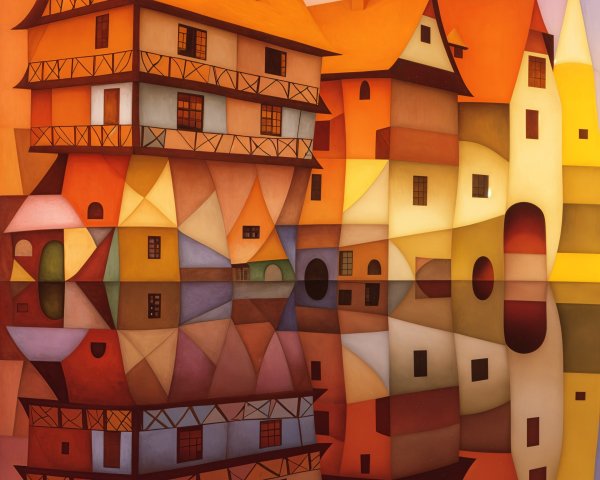 Abstract Landscape with Colorful Geometric Houses