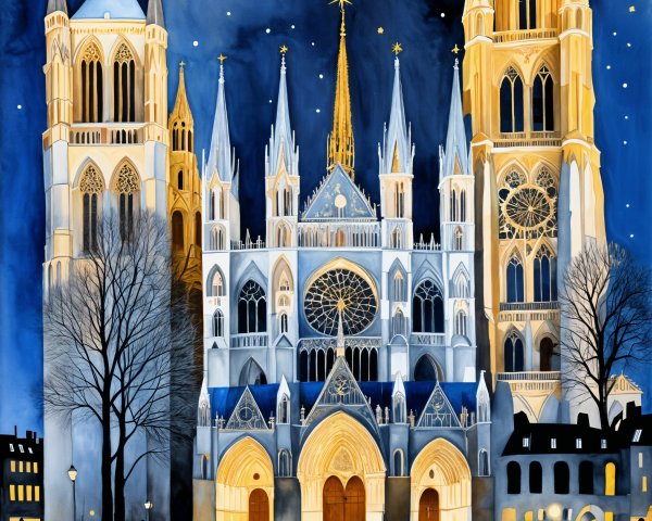 Cathedral Illuminated by Night Sky and Reflections