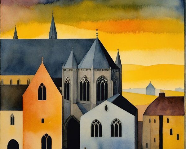 Stylized Medieval Architectural Landscape at Sunset