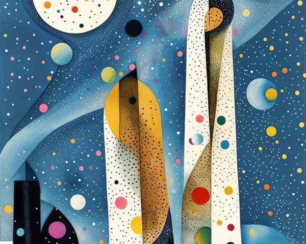 Abstract Painting of Stylized Buildings and Celestial Bodies