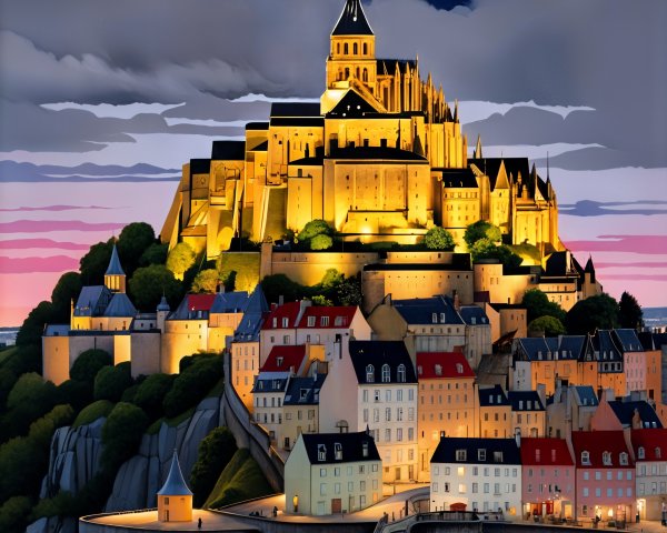 Illuminated castle on rocky island with lush greenery