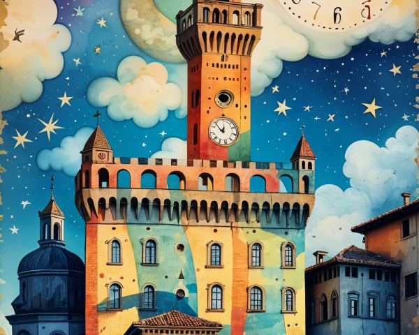 Colorful Illustration of a Clock Tower at Night