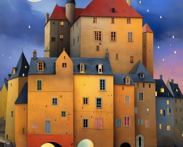 Whimsical Moonlit Castle by Waterfront with Figures
