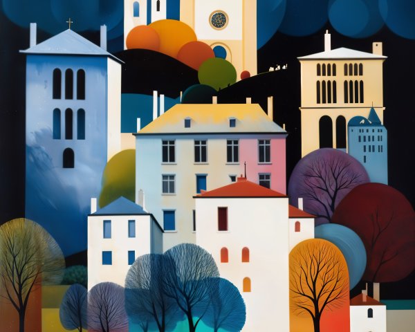 Whimsical Nighttime Town with Colorful Buildings