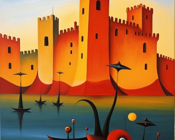 Vibrant Castle and Abstract Boats on Serene Lake