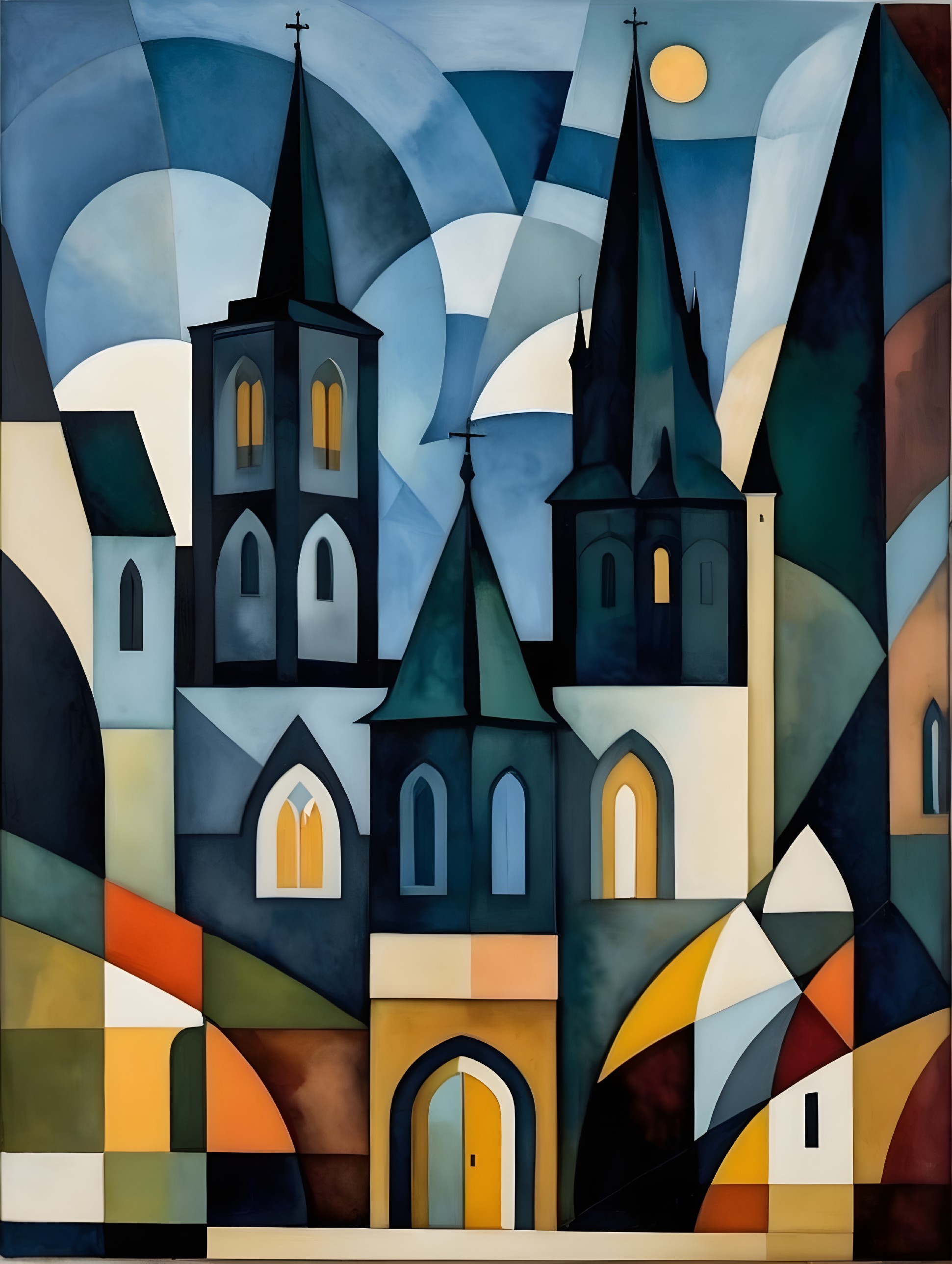 Abstract Church Depiction with Spires and Colors