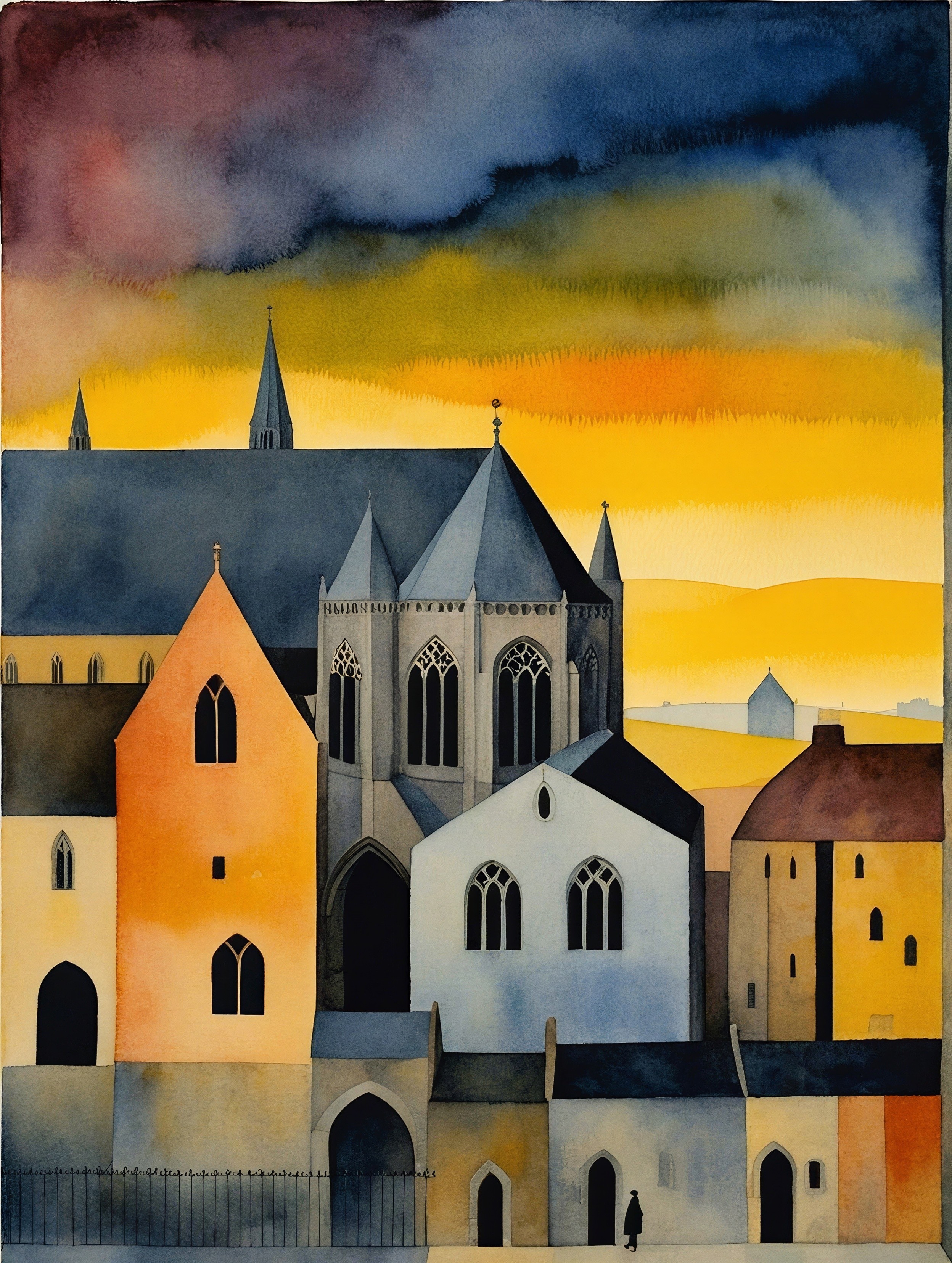 Stylized Medieval Architectural Landscape at Sunset