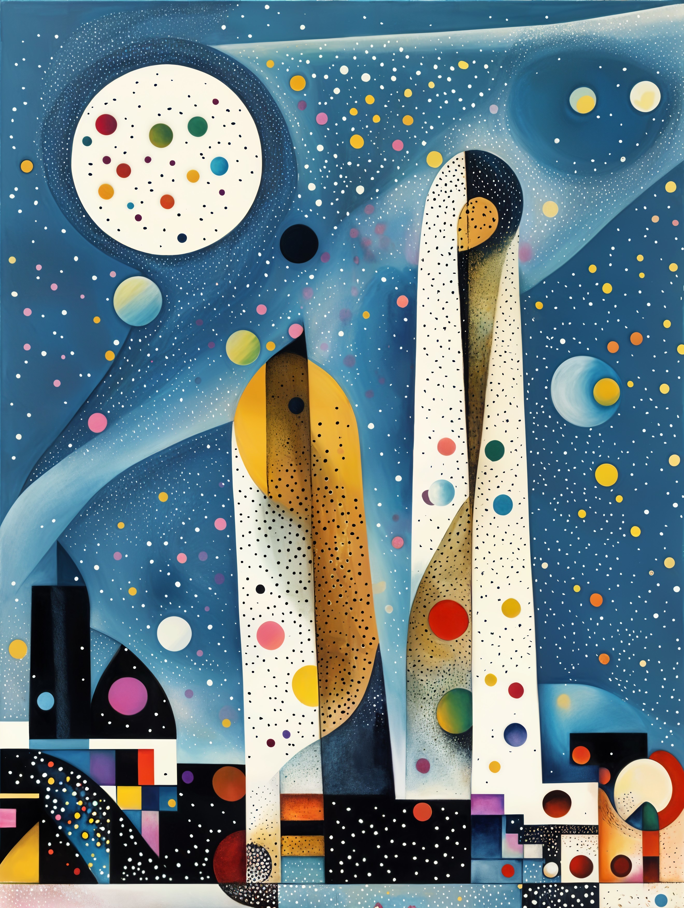 Abstract Painting of Stylized Buildings and Celestial Bodies
