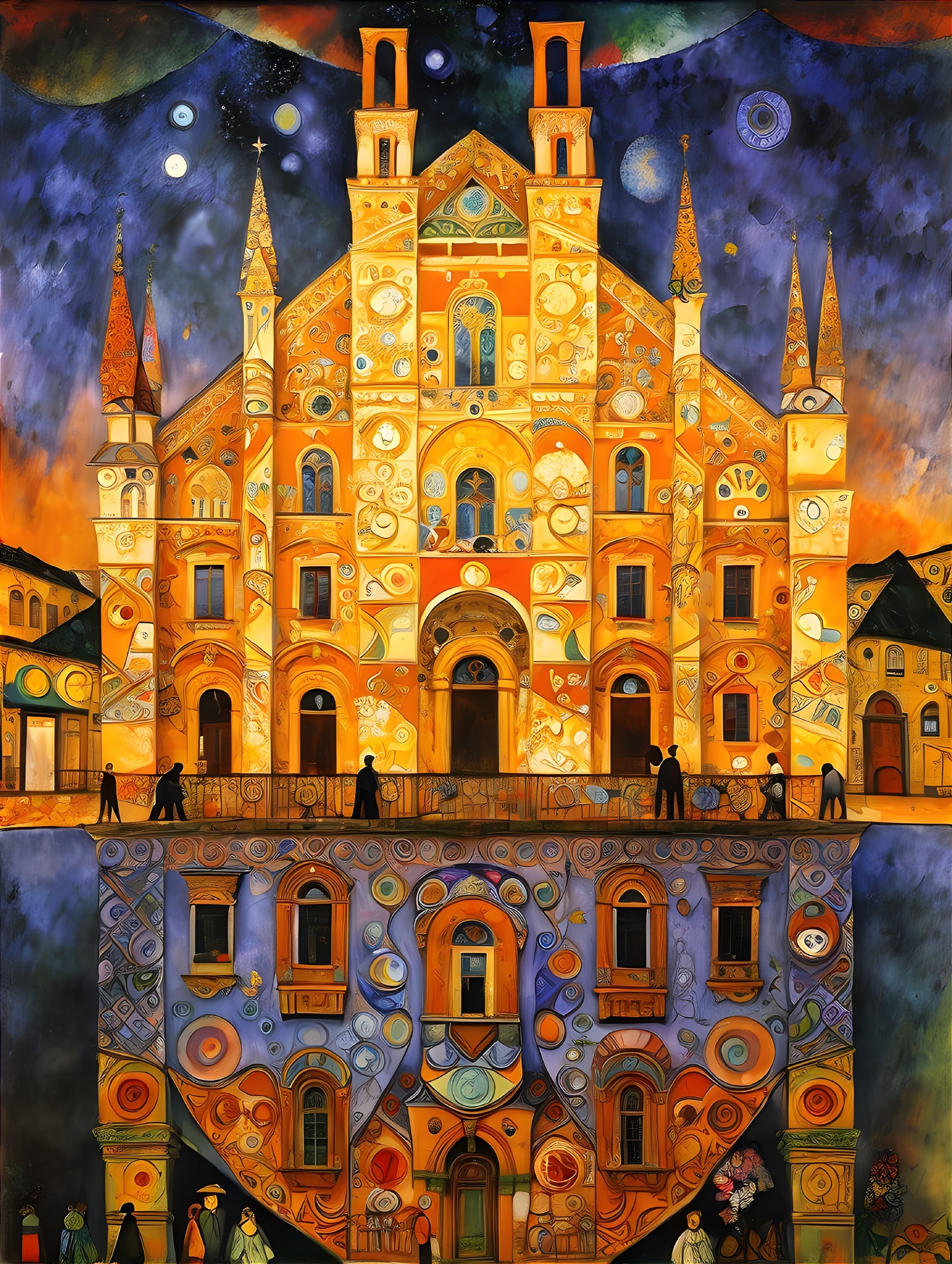 Whimsical painting of ornate building with celestial elements