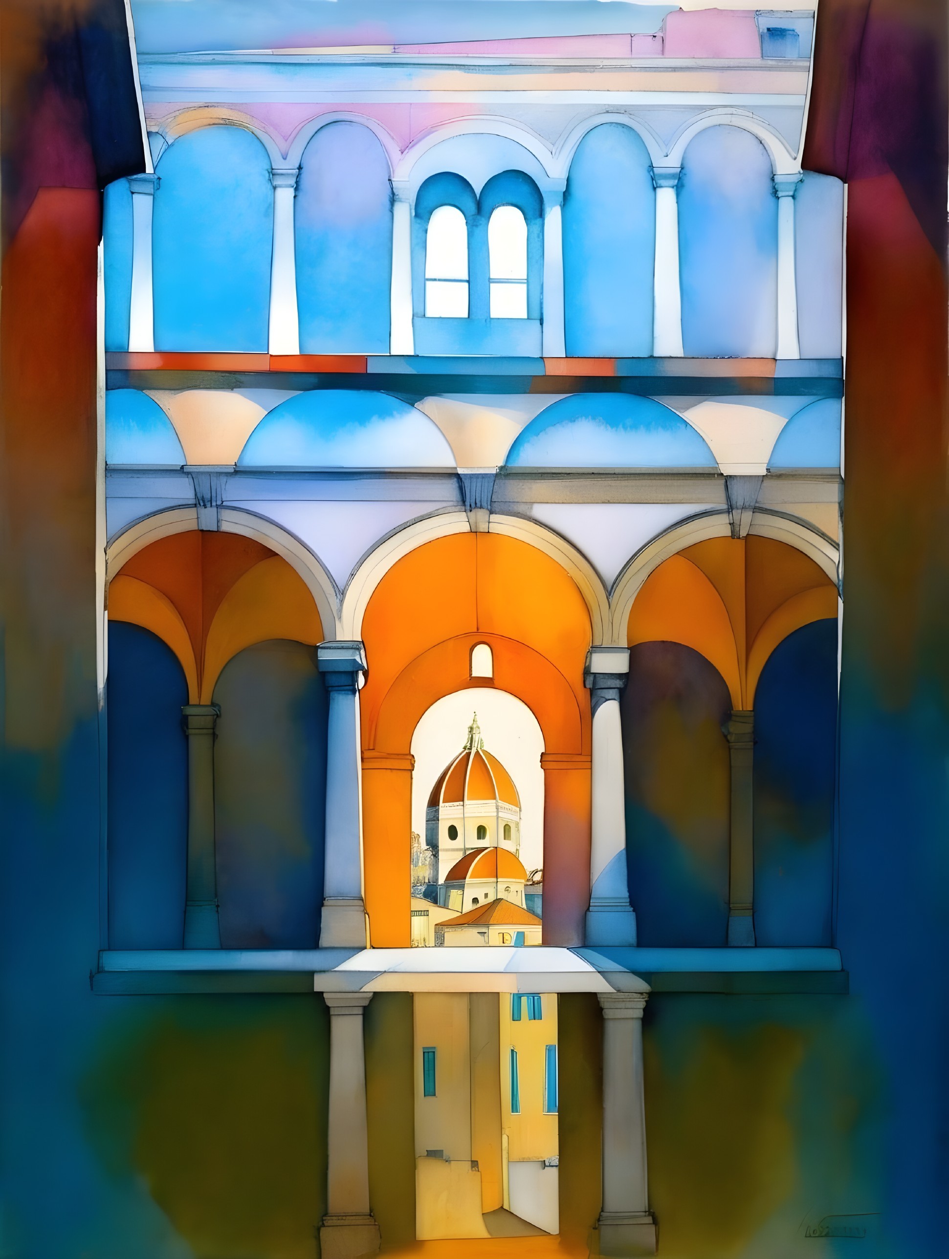 Vibrant Architectural Scene with Bold Colors and Arches