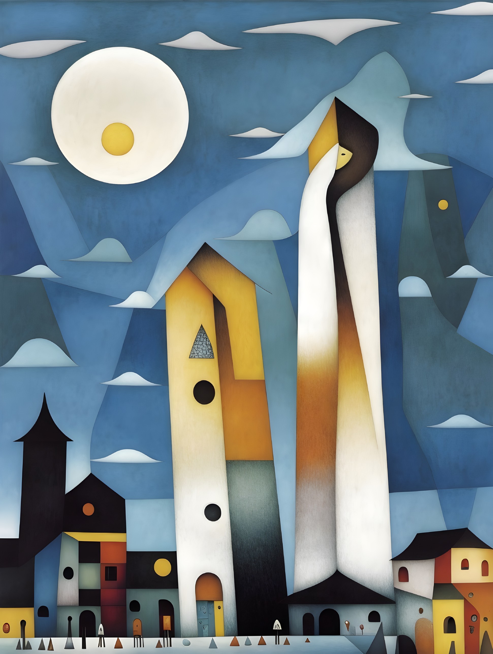 Surreal Landscape with Abstract Buildings and Moon