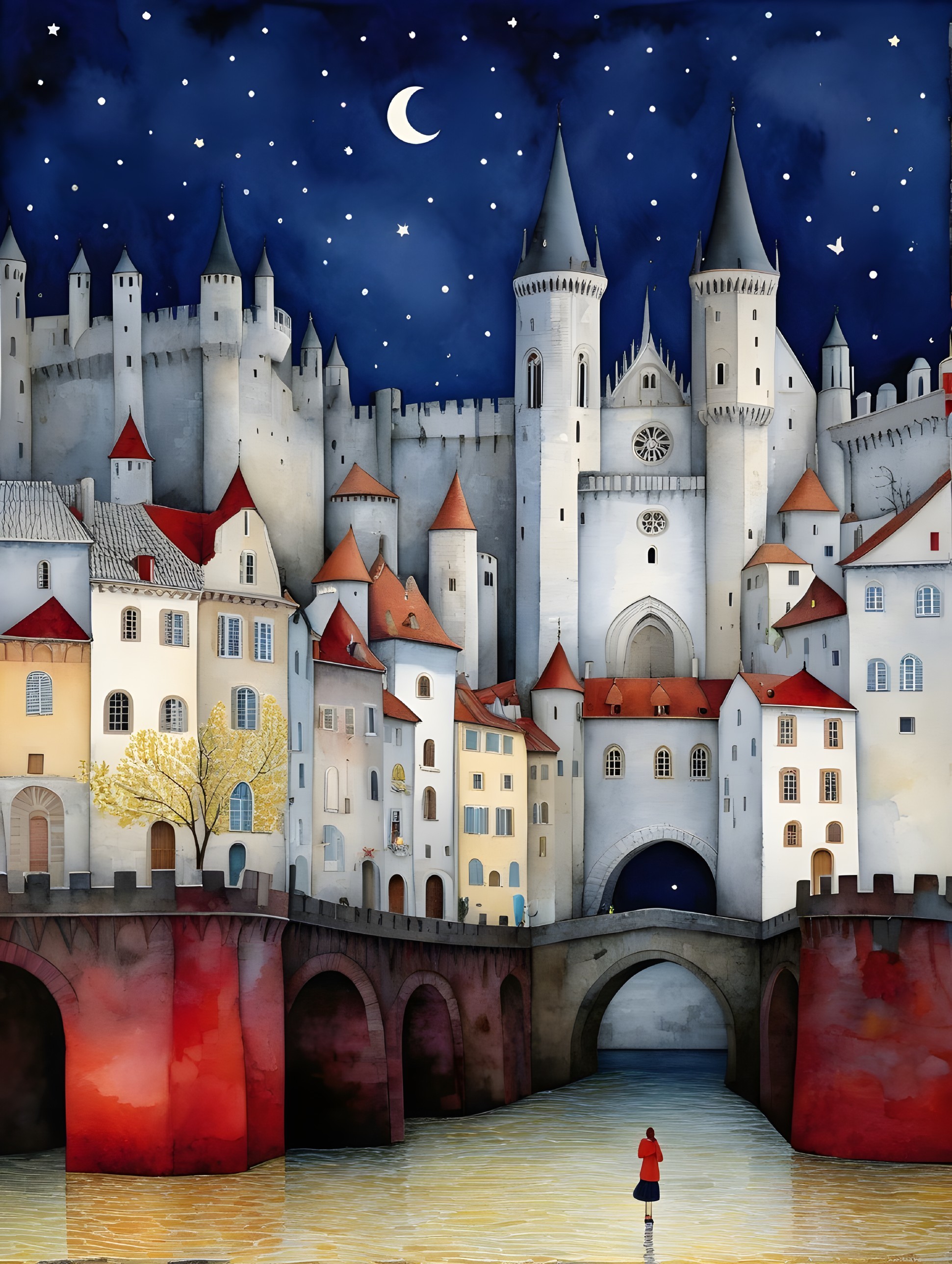 Whimsical Night Scene of a Quaint Village and Castle