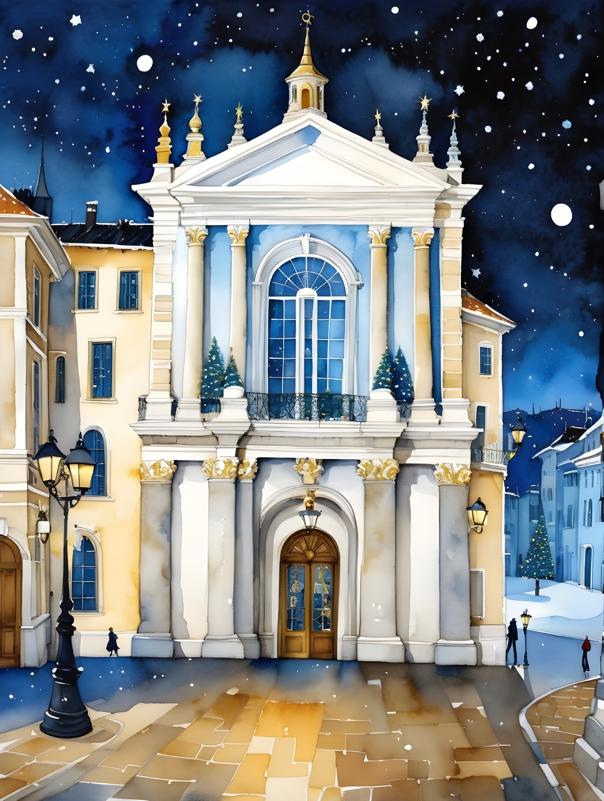 Winter Scene with Grand Building and Festive Decor